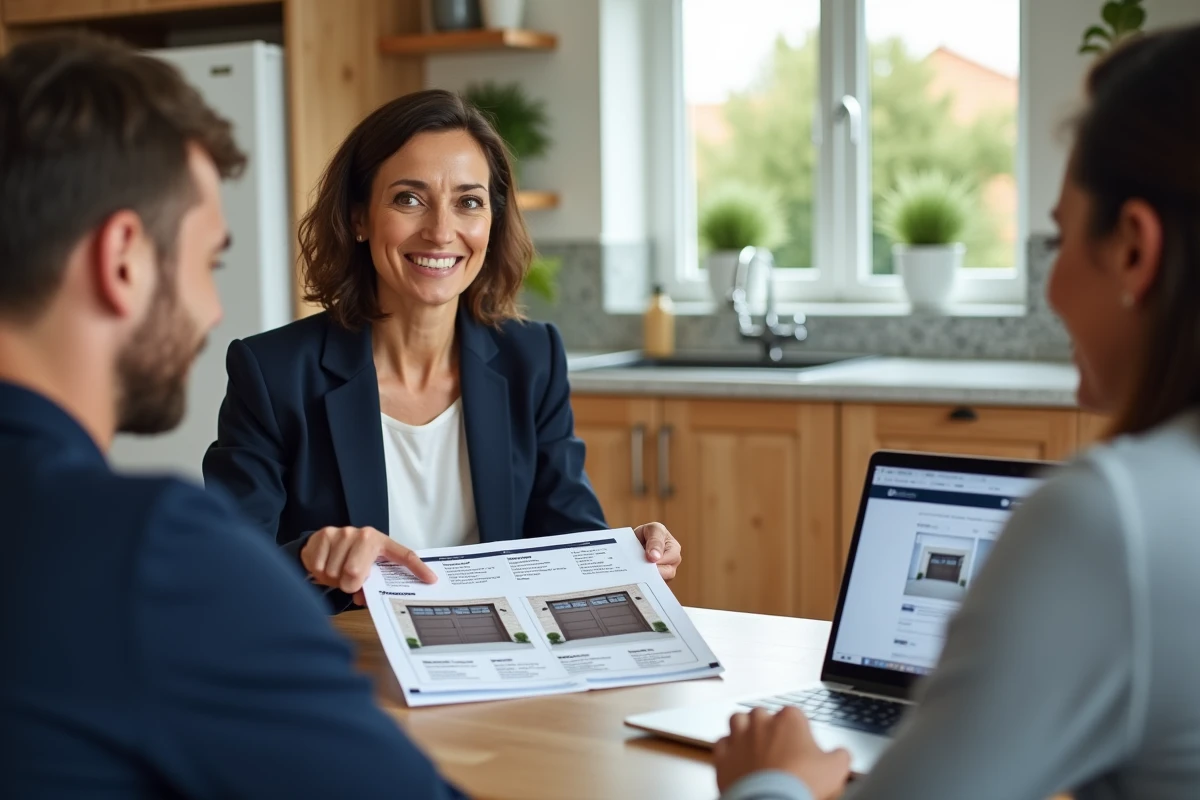 Conseillère présentant des modèles de portes de garage Delpherm à un couple de propriétaires