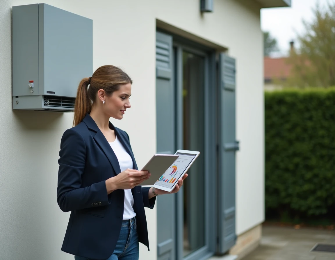 Conseillère en énergie présentant une installation de pompe à chaleur Effi 65 en maison individuelle