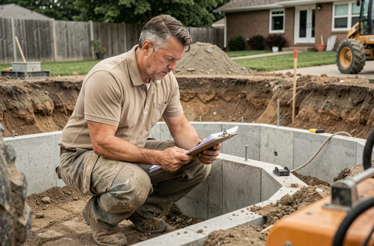 Ouvrier professionnel inspectant les plans lors de la construction d'une piscine en béton dans un jardin