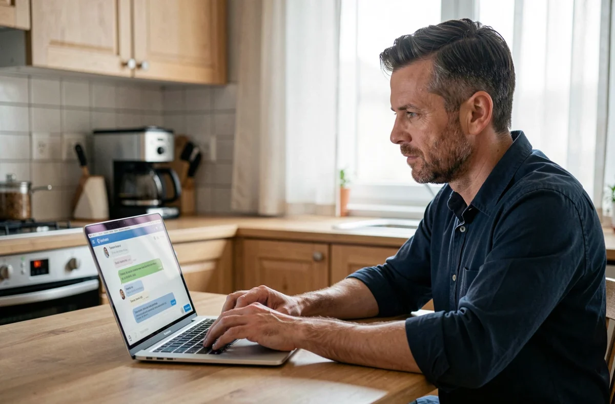 Homme utilisant le chat en ligne d'un service client depuis son ordinateur portable dans la cuisine