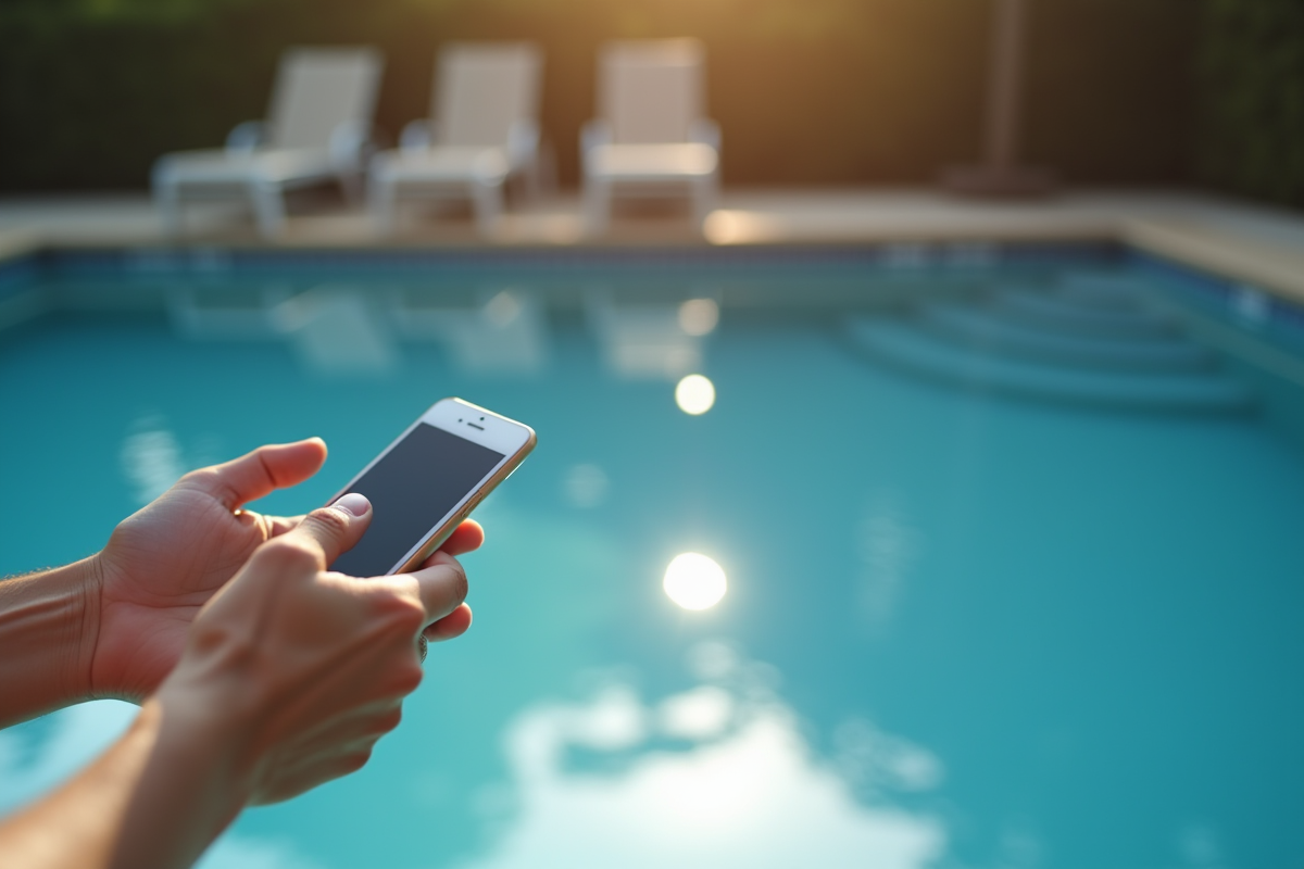 Main utilisant une application smartphone pour contrôler la piscine