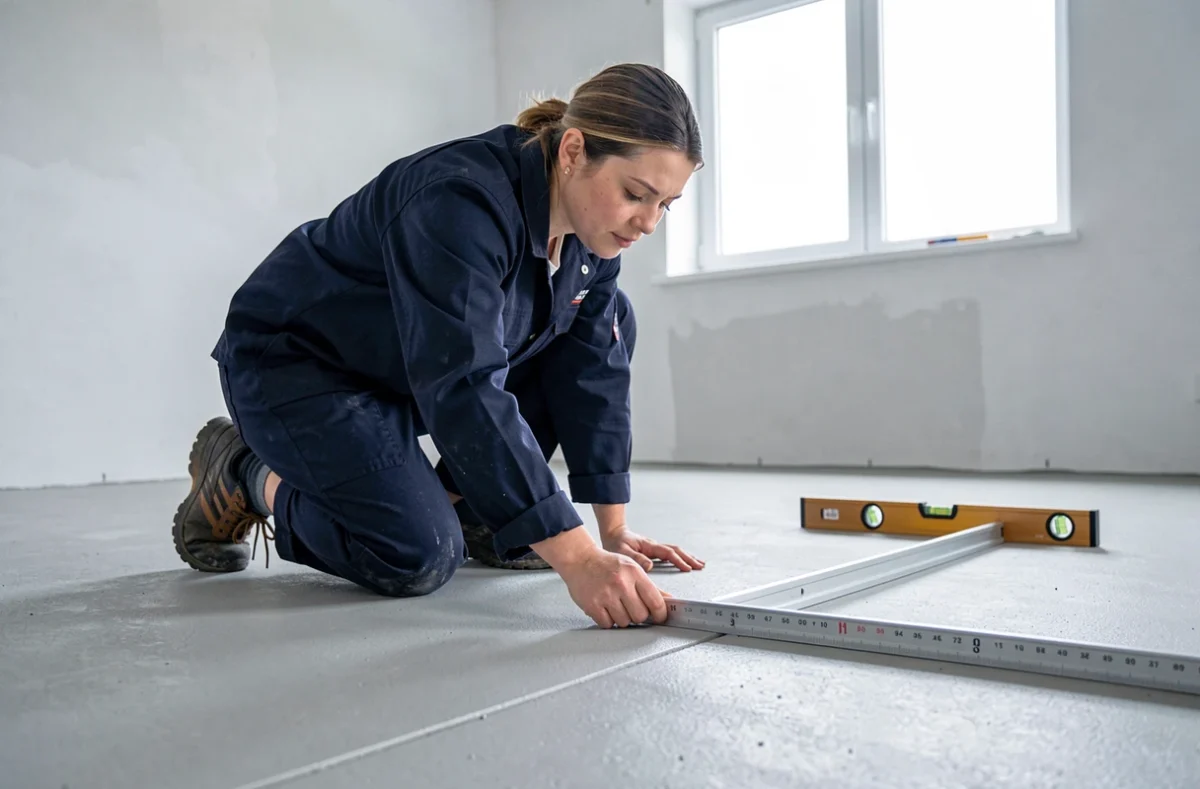Professionnelle du bâtiment vérifiant la planéité d'un sol ragréé avec une règle en aluminium dans un appartement rénové
