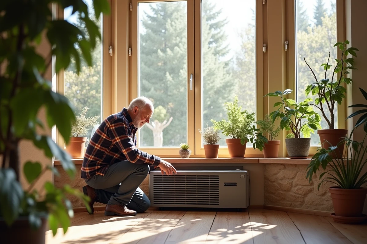 Homme vérifiant une pompe à chaleur dans un intérieur durable