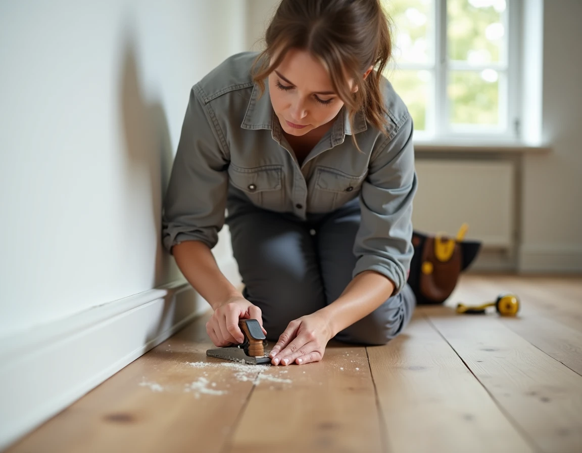 Femme corrigeant une coupe de plinthe à 45 degrés avec une rabot et du papier abrasif dans un intérieur rénové