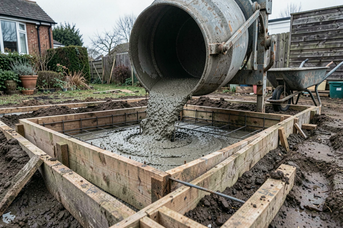 Coulage de béton frais dans un coffrage en bois pour le calcul et la réalisation d'une dalle de fondation