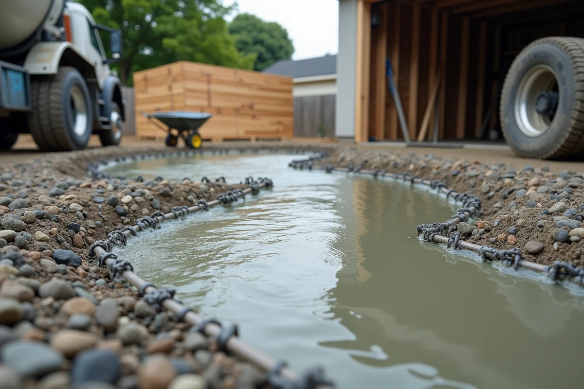Coulage de béton sur armatures métalliques pour la réalisation d'une dalle de garage résidentielle