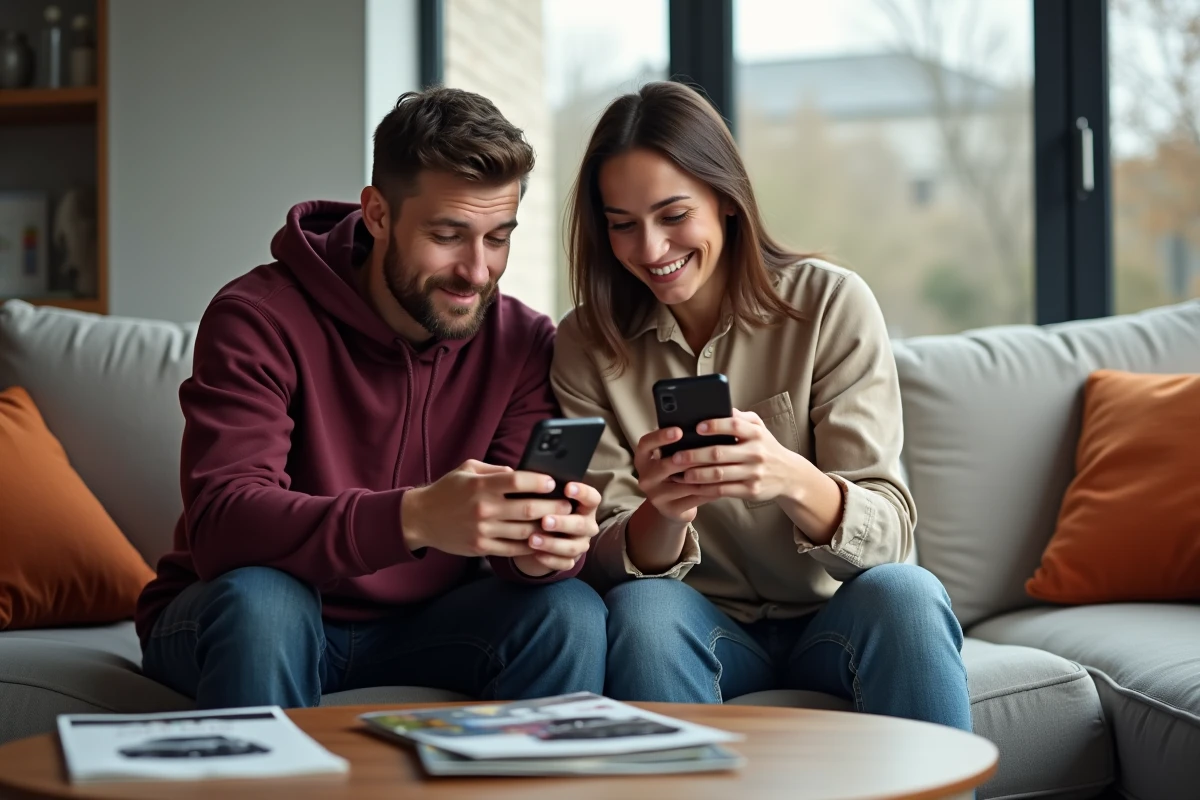 Couple lisant ensemble des avis clients sur Lacentrale-eco depuis un smartphone dans leur salon