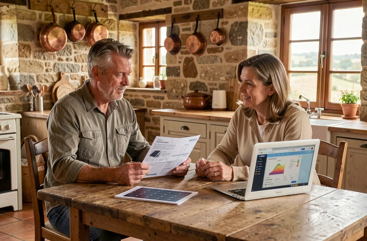 Couple étudiant le prix d'une installation solaire autonome dans une cuisine de maison de campagne