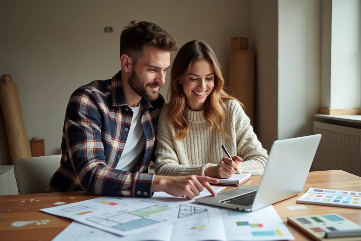 Couple planifiant leur budget de rénovation avec un outil d'estimation en ligne sur ordinateur portable