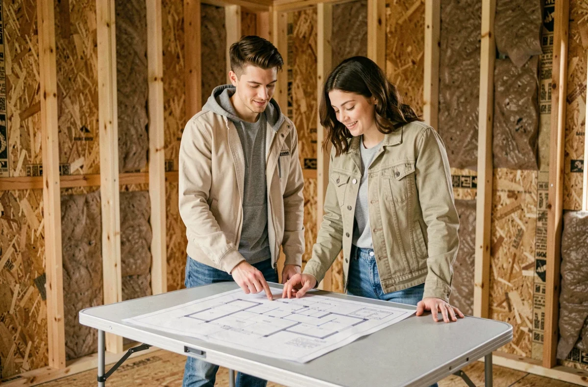 Couple examinant les plans d'une maison en bois en cours de construction, avec la structure en ossature bois apparente
