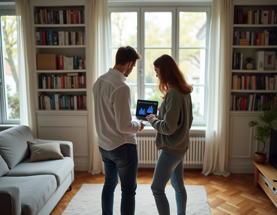 Couple étudiant la simulation d'économies d'énergie liées à l'installation d'un système Effi 65