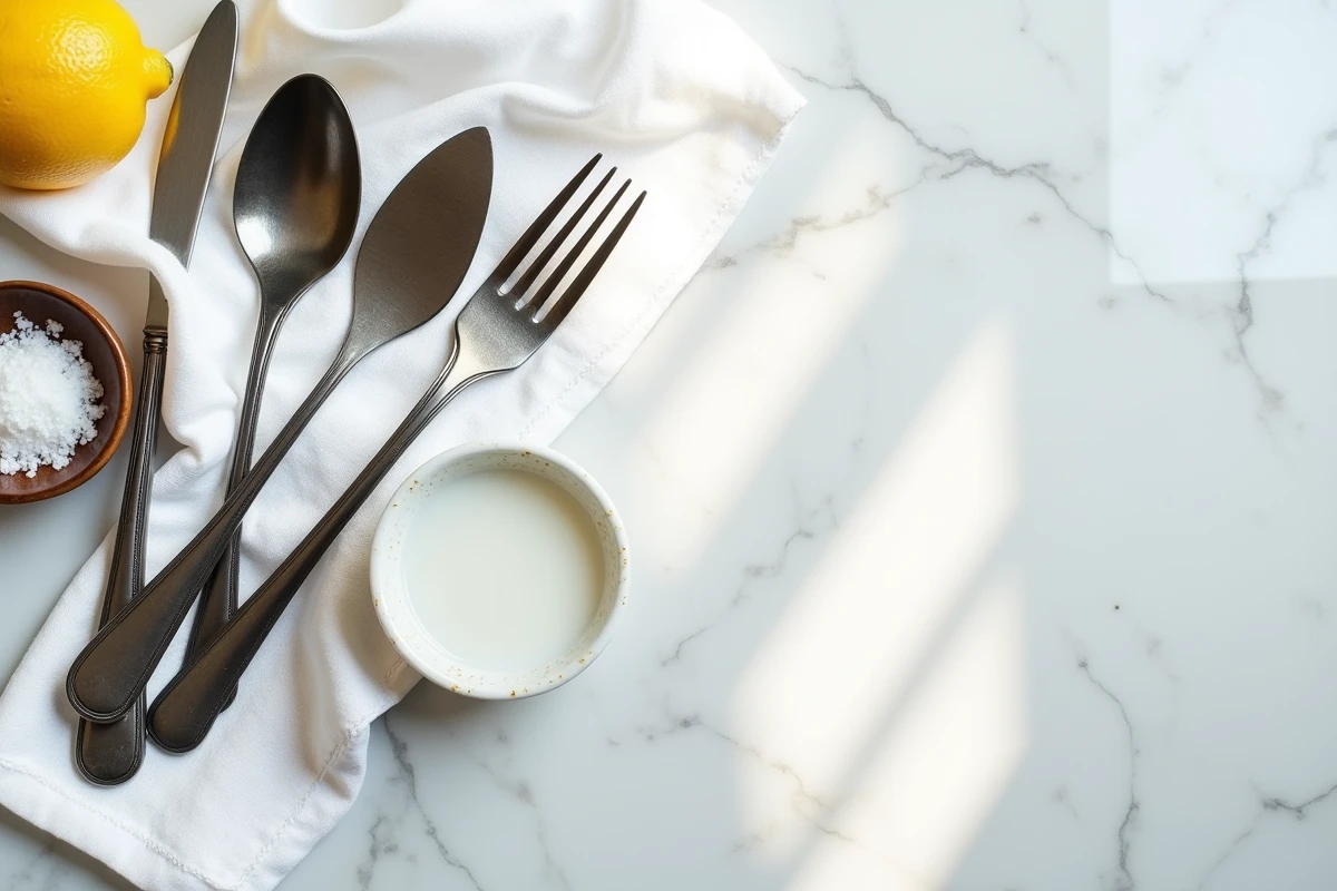 Couverts en argent noirci disposés avec du vinaigre blanc, du citron et du sel pour un nettoyage naturel