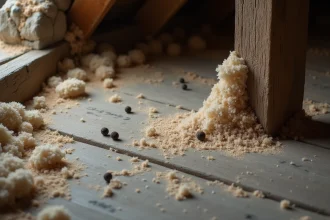 Crottes de fouine sur le plancher d'un grenier en hiver, près d'une poutre en bois et d'isolant