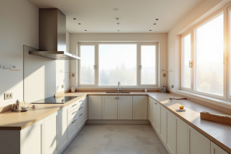 Cuisine moderne en rénovation avec outils et peinture fraîche