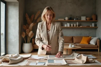Décoratrice d'intérieur examinant des échantillons de matériaux pour un projet sur mesure avec decoserotonine.fr