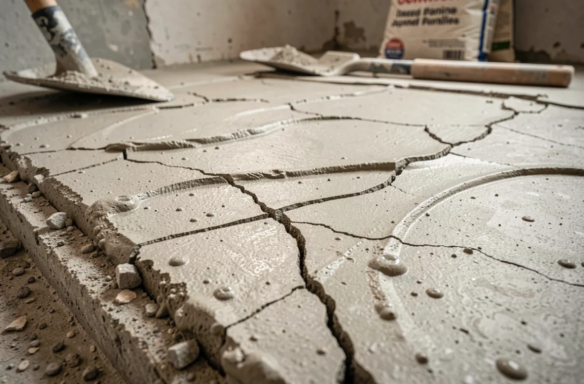 Détail de défauts sur un sol ragréé avec fissures et bulles d'air, illustrant les erreurs courantes de ragréage en construction