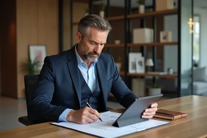 Designer interieur en costume navy examine un plan 3D