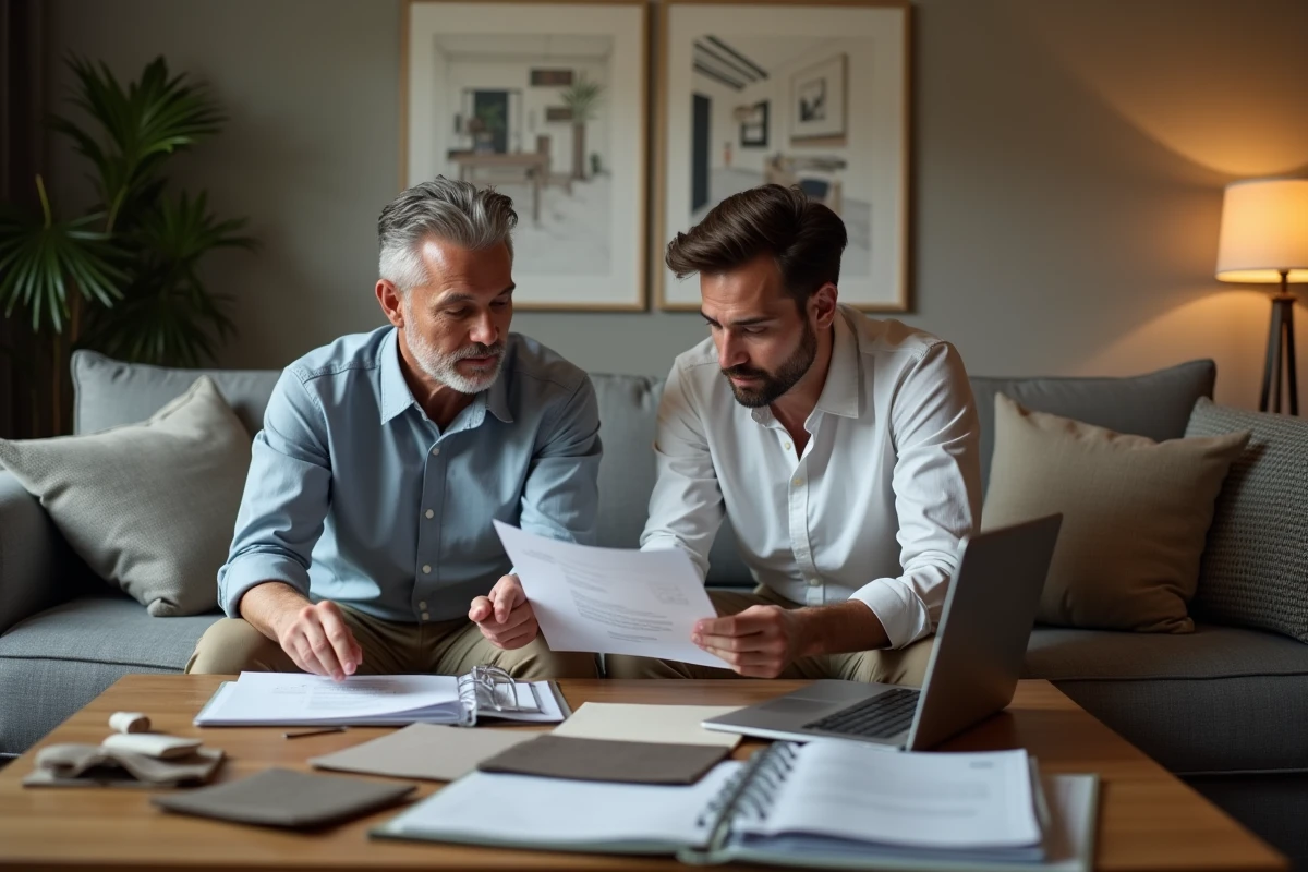 Designer interieur examine une facture dans un salon