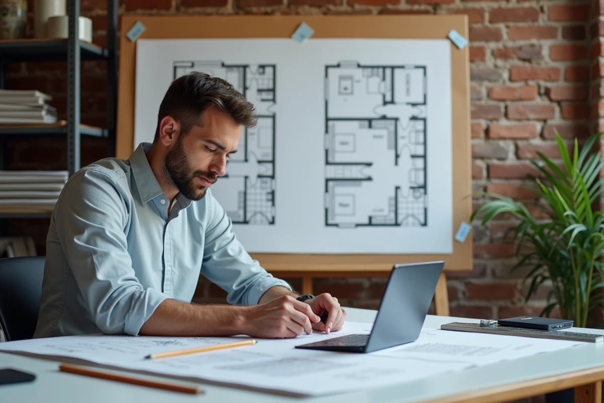Designer masculin travaillant sur des plans de décoration intérieure sur mesure dans un studio créatif