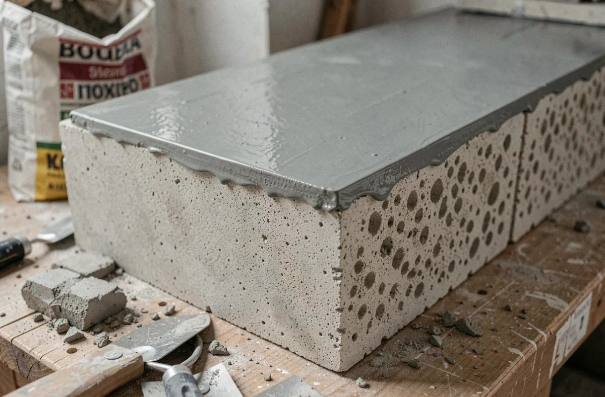 Détail de bloc en béton cellulaire enduit de béton ciré gris ardoise pour fabrication de meuble de salle de bain