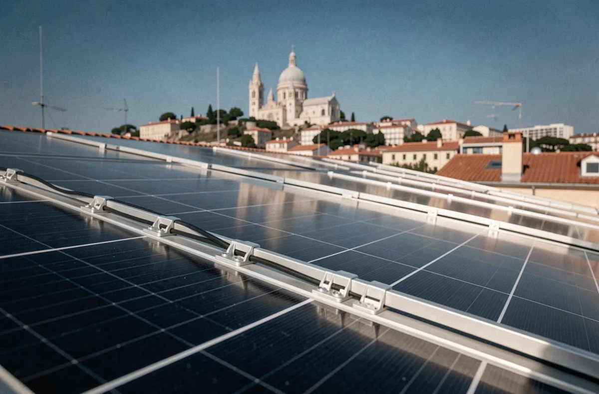 Gros plan sur des panneaux solaires photovoltaïques installés sur un toit à Marseille avec la basilique Notre-Dame de la Garde en arrière-plan