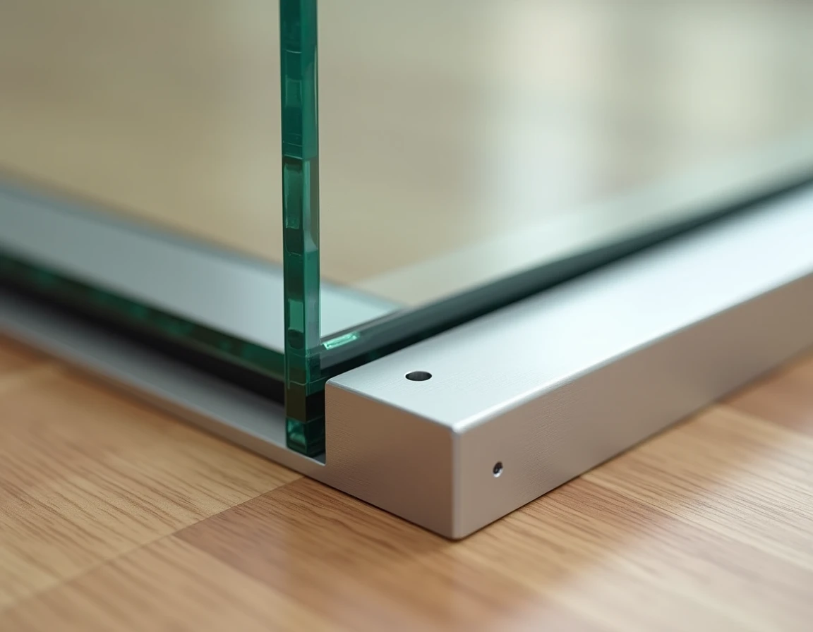 Détail d'une trappe en verre feuilleté avec cadre en acier inoxydable brossé sur parquet en chêne