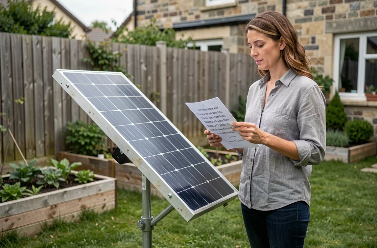 Femme évaluant un devis pour un panneau solaire autonome dans son jardin
