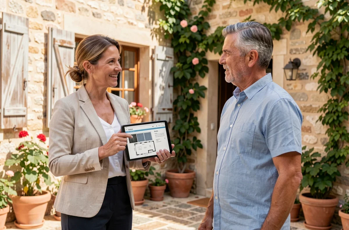 Conseillère en énergie solaire présentant un devis d'installation de panneaux photovoltaïques à un propriétaire marseillais