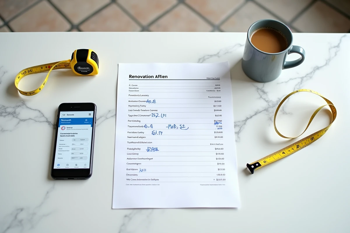 Vue aérienne d'un devis de rénovation cuisine annoté avec smartphone et mètre ruban sur plan de travail blanc