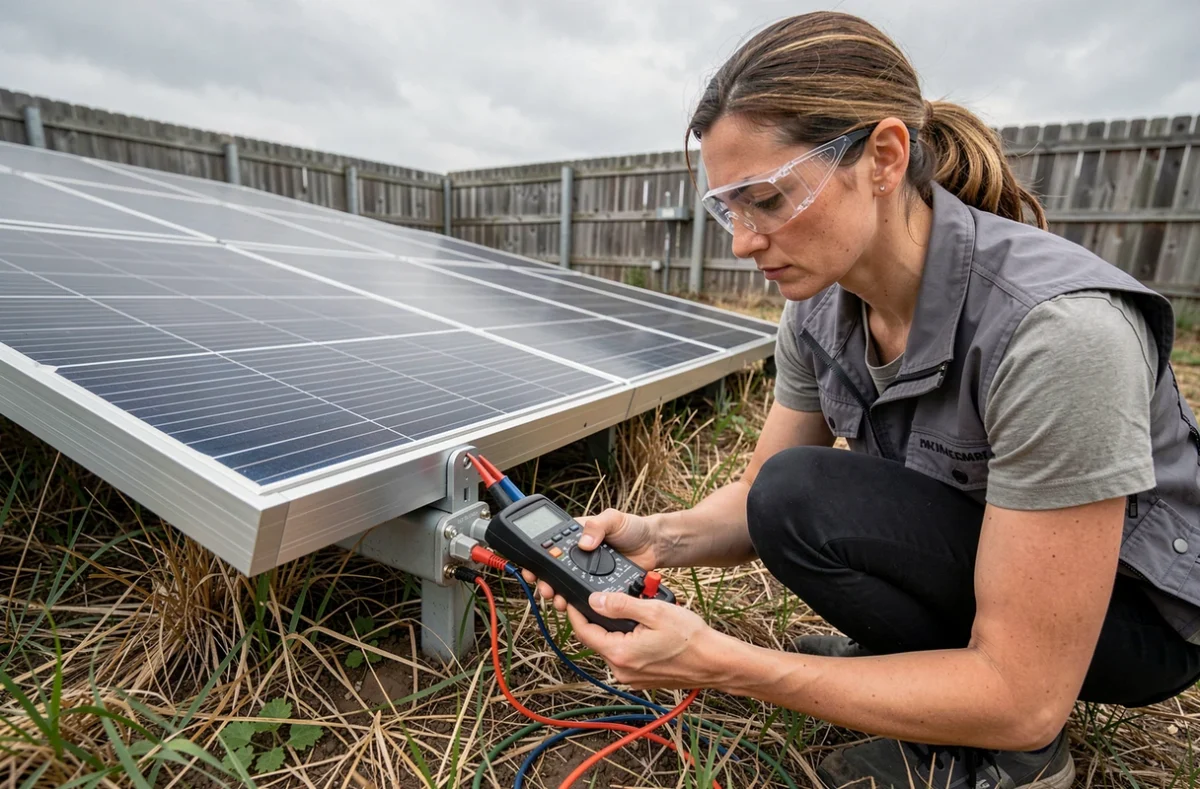 Technicienne utilisant un multimètre pour diagnostiquer une panne électrique sur un panneau solaire au sol