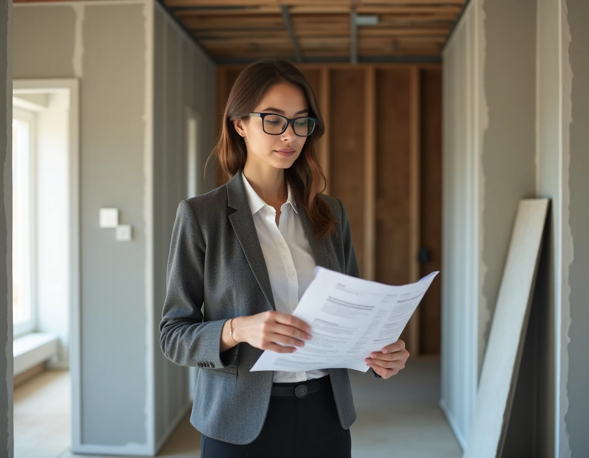 Diagnosticienne immobilière comparant une fiche technique de placo isolant face à une cloison nouvellement installée dans un appartement en rénovation