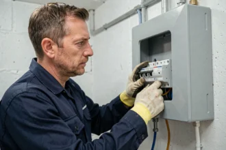 Électricien inspectant un tableau électrique avec disjoncteur pour pompe à chaleur dans une salle technique résidentielle