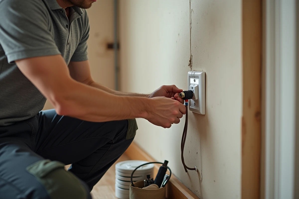 Électricien installant une prise double TV FM murale dans un appartement en rénovation