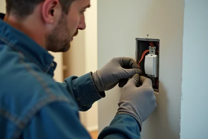 Électricien connectant un interrupteur poussoir sans fil neutre dans une installation domestique