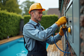 Électricien en travaux connectant un panneau de contrôle piscine