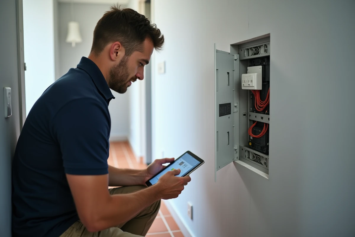 Électricien configurant un tableau électrique avec des prises intelligentes pour installer un système domotique dans un appartement