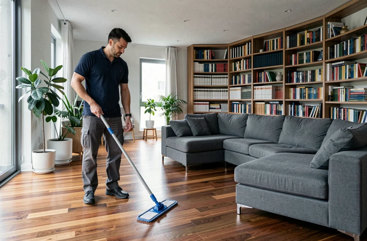 Employé de nettoyage professionnel utilisant un balai serpillière dans un salon contemporain avec parquet