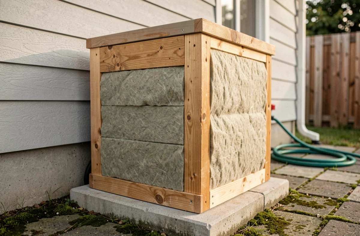 Encoffrement acoustique en bois et laine minérale autour d'une pompe à chaleur installée contre un mur de maison