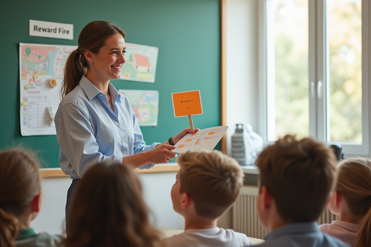 Enseignant souriant montrant une carte de récompense dans une classe lumineuse