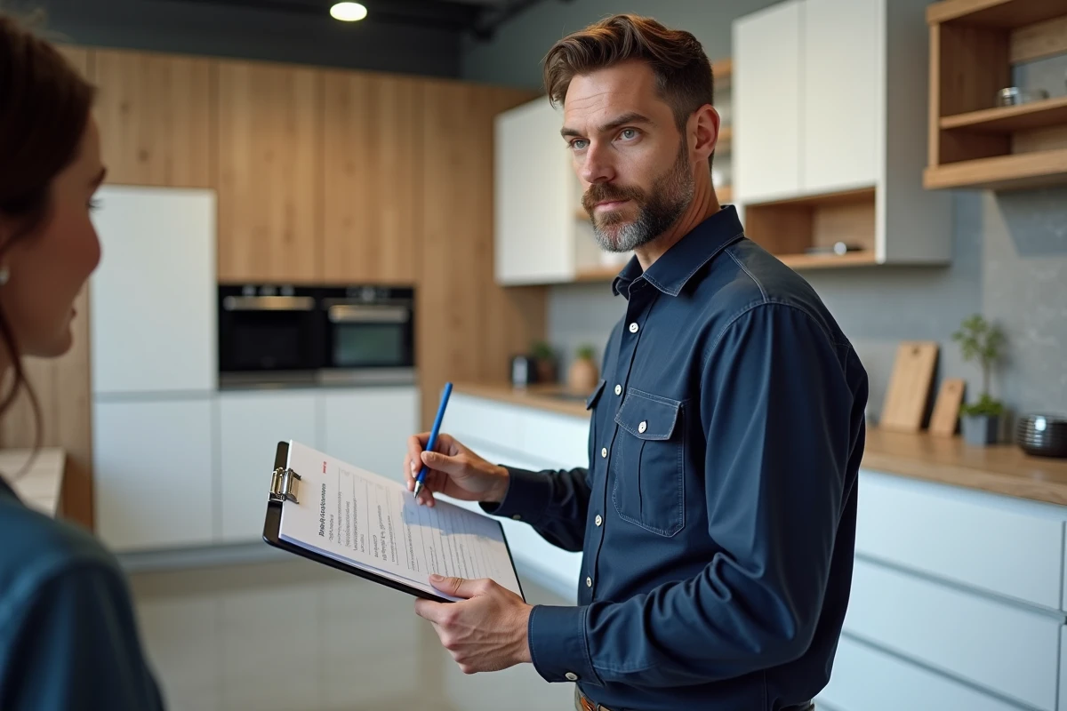 Entrepreneur en rénovation présentant un devis détaillé à un client dans un showroom de cuisines modernes