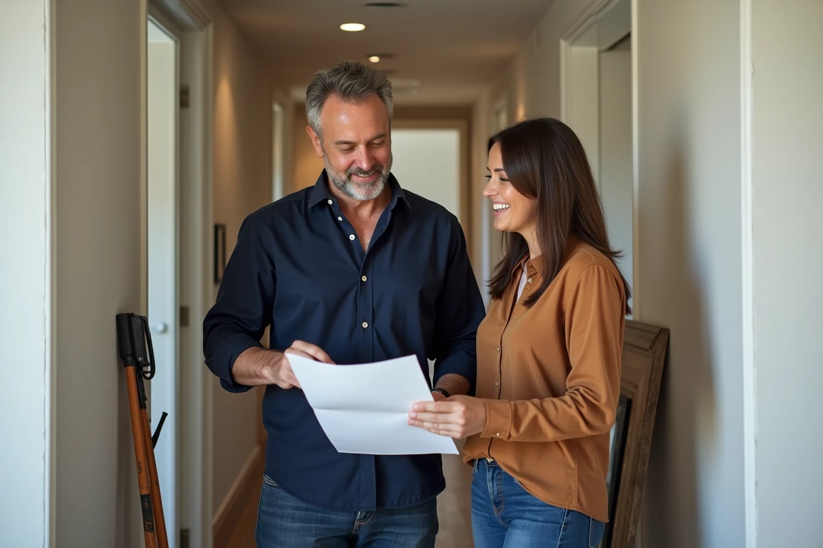 Entrepreneur discutant avec un couple dans un couloir en renovation