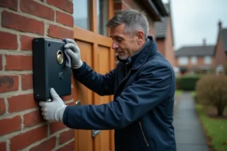 Homme entretenant une boîte à clé à code fixée sur un mur en briques rouges à l'extérieur d'une maison