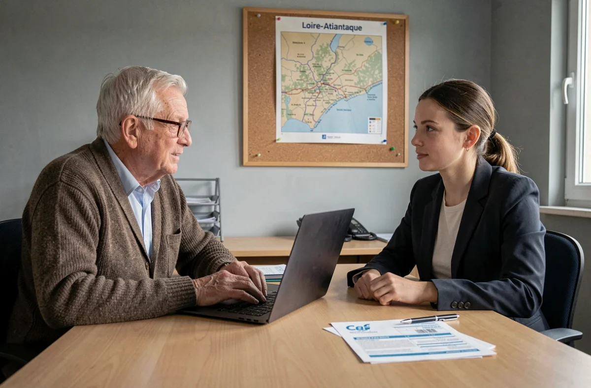 Entretien entre un senior et une conseillère CAF pour l'éligibilité à l'aide ménagère en Loire-Atlantique