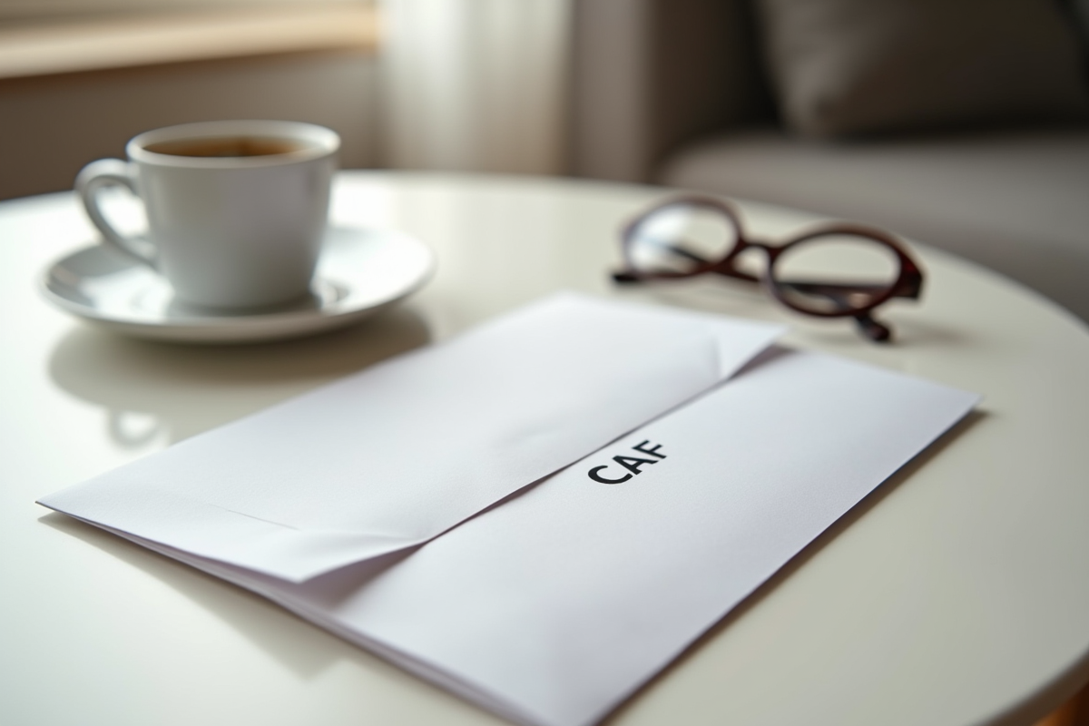 Enveloppe CAF sur une table avec café et lunettes dans un salon lumineux