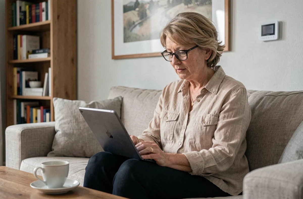 Femme envoyant un email au support client sur une tablette dans un salon avec panneau domotique en arrière-plan
