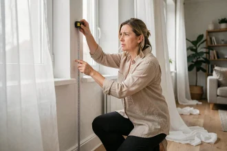 Femme mesurant la largeur d'une fenêtre pour poser un kit tringle à rideau, erreur de mesure visible avec des rideaux trop longs au sol