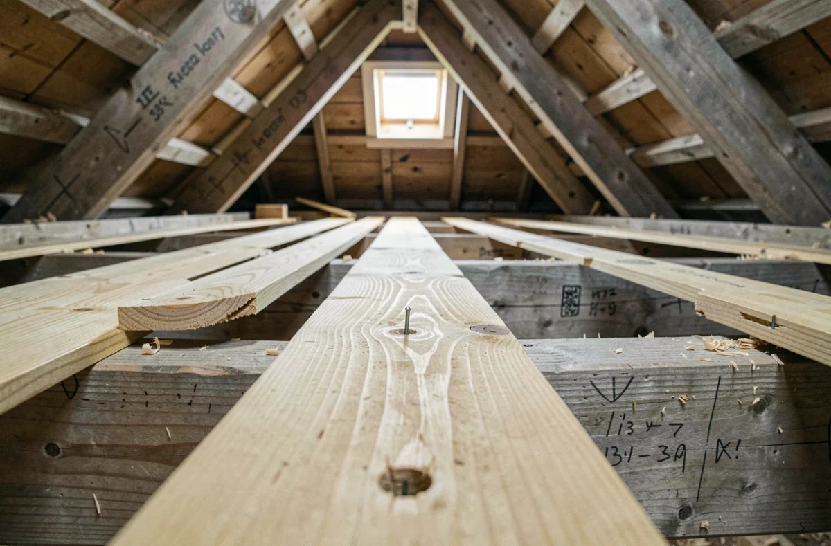 Erreurs de pose de volige bois sur charpente avec planches mal alignées et fixations manquantes