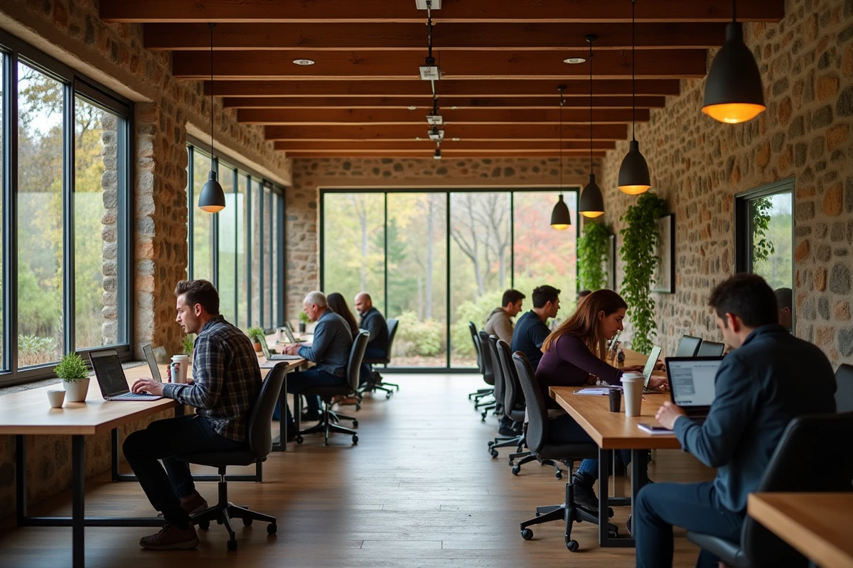 Espace de coworking partagé dans un bâtiment rénové au sein d'un domaine boisé, plusieurs télétravailleurs concentrés autour de grandes tables en bois