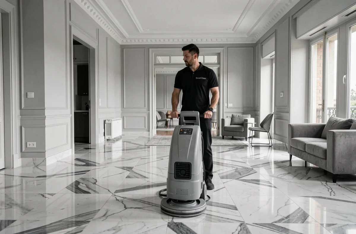 Professionnel Excel Clean en polo noir utilisant une polisseuse sur un sol en marbre dans un appartement haut de gamme à Montpellier