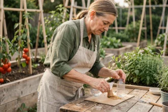 Femme assemblant un piège à phéromone maison avec une bouteille recyclée dans un potager